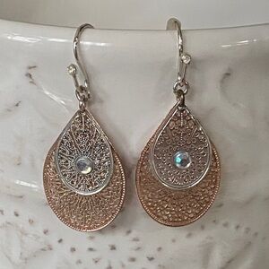 Rose Gold Silver Filigree Double Teardrop Iridescent Crystal Earrings